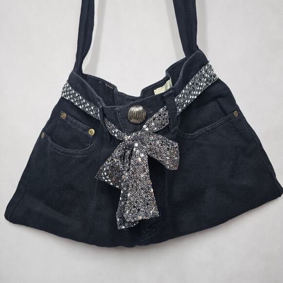 Eddie Bauer Recycled Black Denim Jeans Crossbody Hobo Bohemian Handbag - Picture 3 of 14